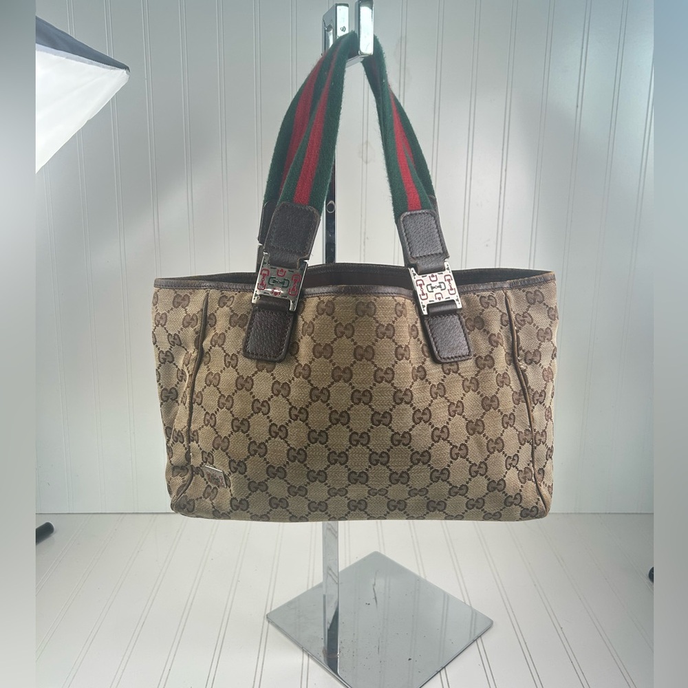 Gucci Vintage GG Supreme Monogram Tote Bag with Web Stripe Handles + Dust Bag - Picture 11 of 13